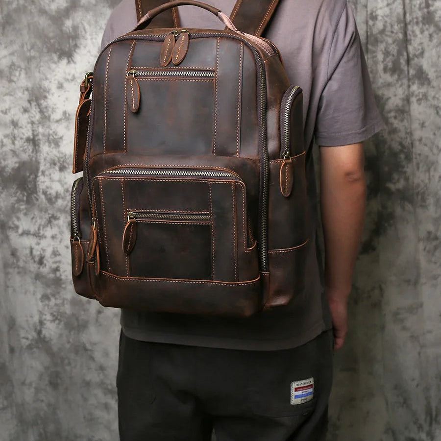 Men's Crazy Horse Leather Backpack – Large Capacity Cowhide, 3 iPad Slots, Travel & Laptop
