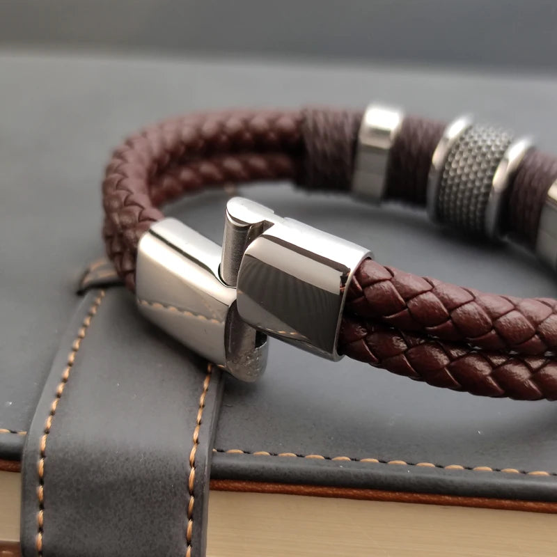 Charm Vintage Multilayer Brown Leather Stainless Steel Men Bracelet Bead Bracelet Jewelry Male Wrist Bangle Christmas Gifts