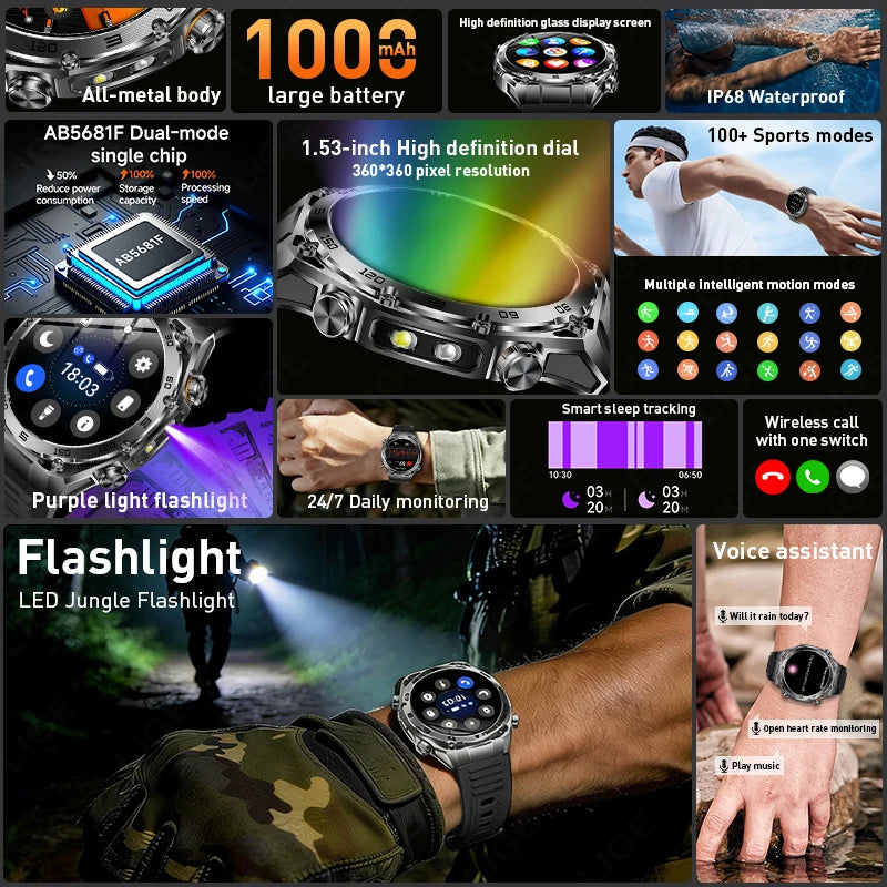 LIGE Smart Watch – 1.53" Round, 1000mAh Battery, LED Flashlight, Bluetooth Calling, IP68