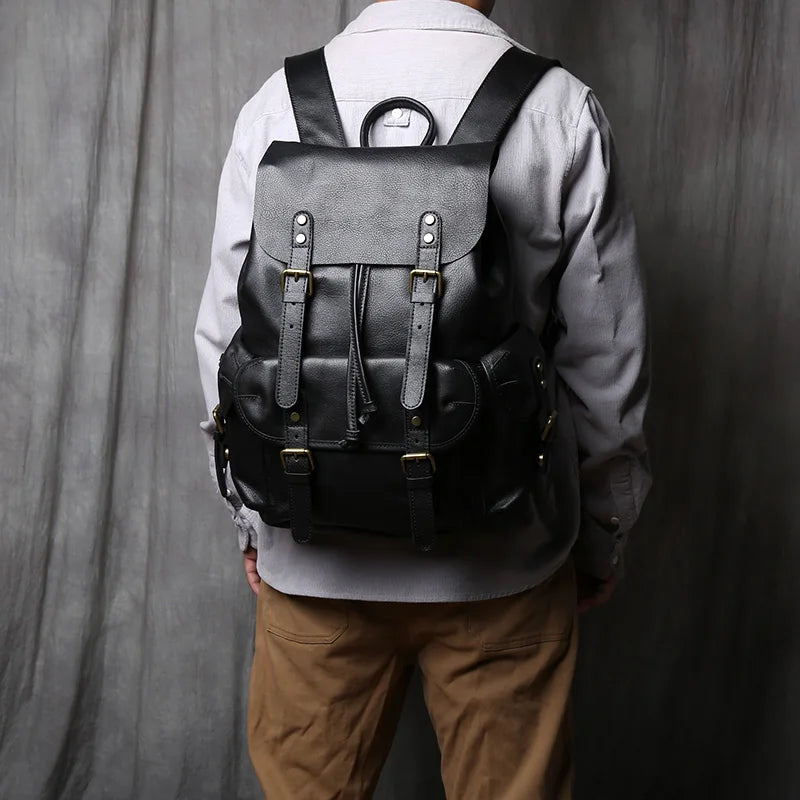 Men's Genuine Leather Backpack – Natural Cowhide, Rivet Detail, Drawstring Closure, Laptop