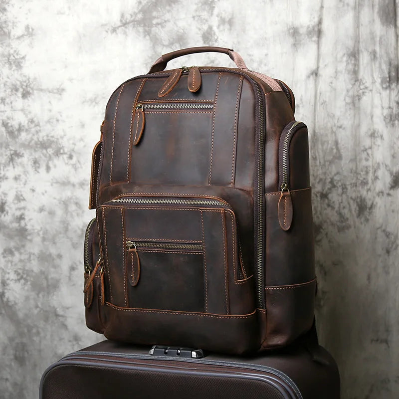 Men's Crazy Horse Leather Backpack – Large Capacity Cowhide, 3 iPad Slots, Travel & Laptop