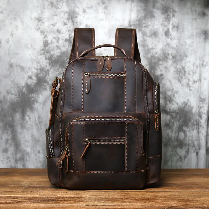 Men's Crazy Horse Leather Backpack – Large Capacity Cowhide, 3 iPad Slots, Travel & Laptop