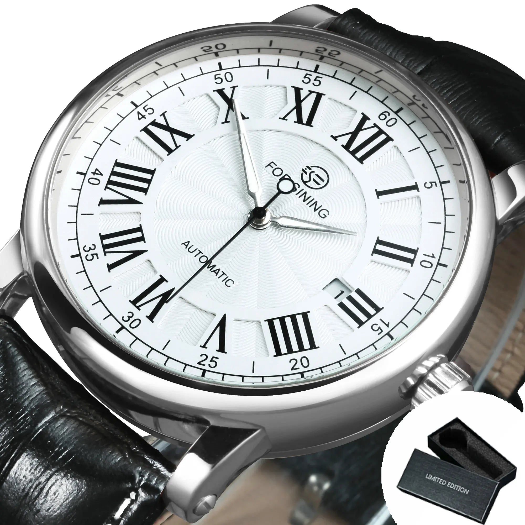 Forsining 279 Automatic Watch – Roman Numeral Dial, Leather Strap, Luminous Hands, Date Display
