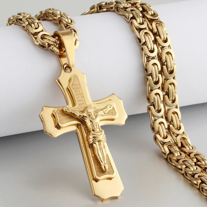 Men's Heavy Crucifix Cross Pendant Necklace – Stainless Steel Byzantine Chain