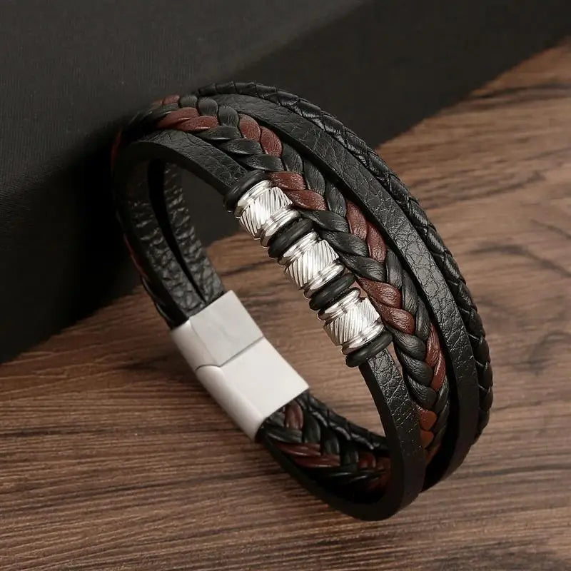 Men's Viking Multilayer Leather Bracelet – Stainless Steel Insert, Punk Bangle