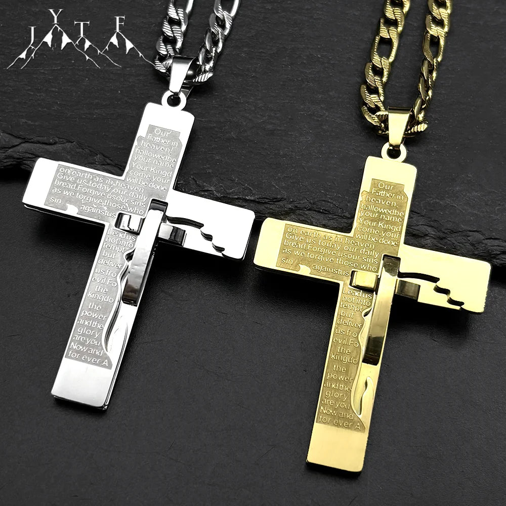 Christian English Bible Cross Pendant Chain Necklace for Women Men Stainless Steel Gold Color Punk Necklace Amulet Jewelry Gift