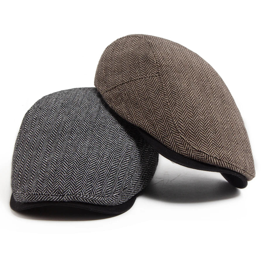 Men's Vintage Herringbone Beret – Adjustable Retro Flat Cap with Visor