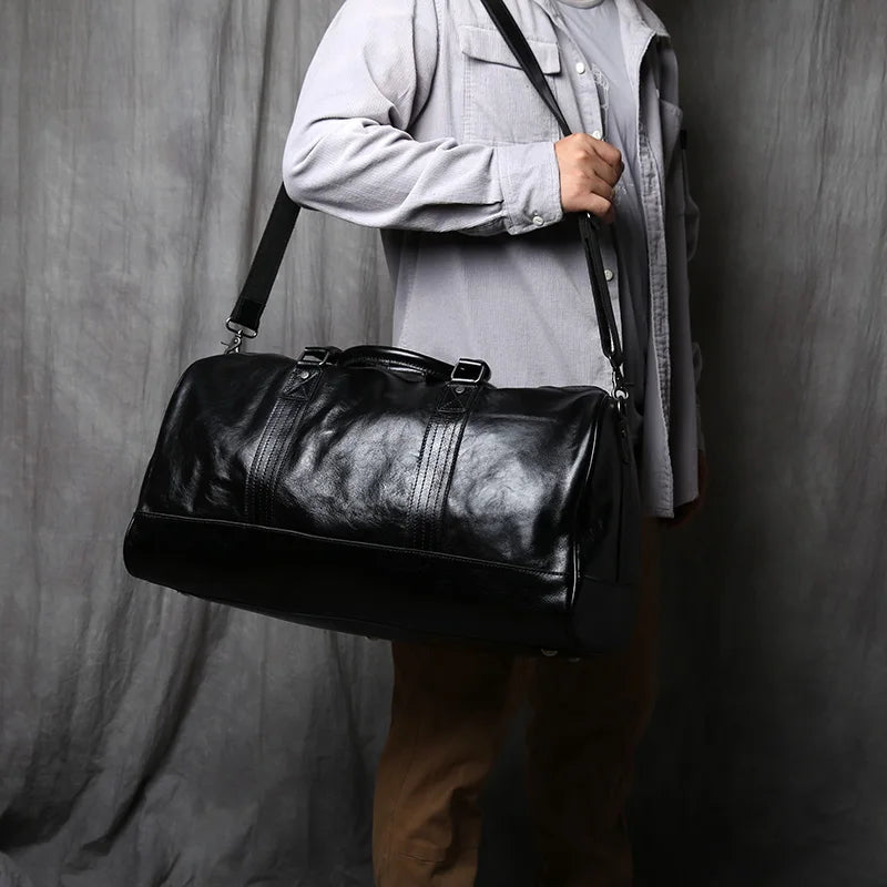 Men's Genuine Leather Travel Duffle Bag – Large Capacity Natural Cowhide, 16" Laptop, Weekend Bag