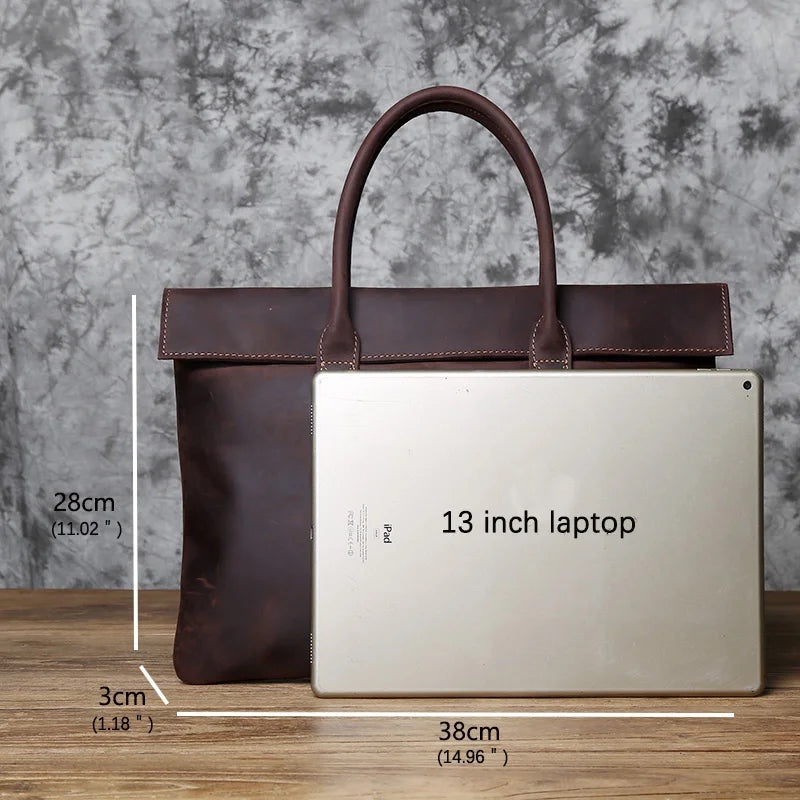 Men's Crazy Horse Leather Clutch Briefcase – Slim Cowhide, Two Sizes, 15" or 16" Laptop
