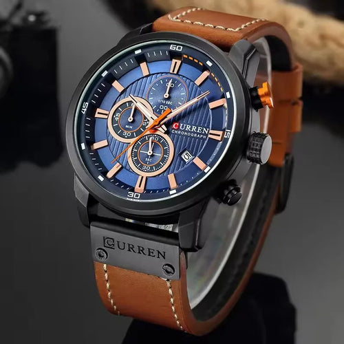CURREN 8291 Chronograph Sport Watch | Quartz | Luminous | Leather Strap | Date
