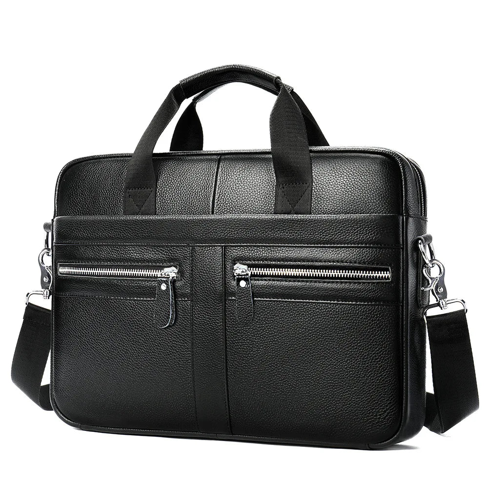 Top-Grain Cowhide Leather Briefcase | Business Laptop Bag with Shoulder Strap