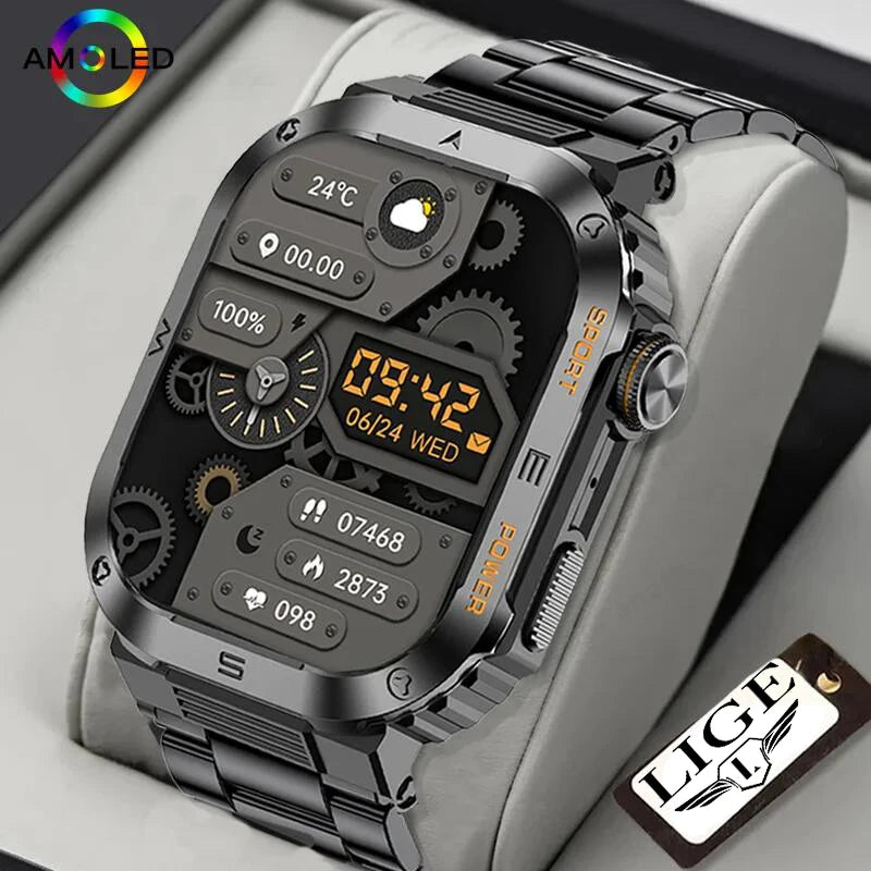 LIGE Military Smart Watch – 2.01" Display, Rugged IP68, 400mAh, Bluetooth Calling