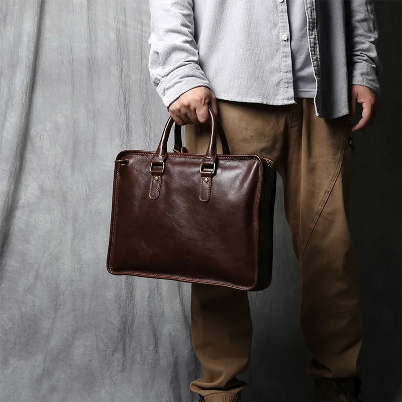 Men's Crazy Horse Leather Briefcase – Slim Natural Cowhide, 14" Laptop, Shoulder & Crossbody