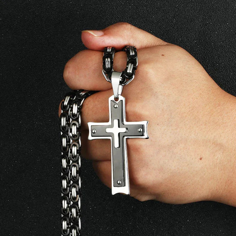 Cool Men's Black silvery Cross Pendant Long Byzantine Chain Necklace Christian Crucifix Necklace Religious Jewelry