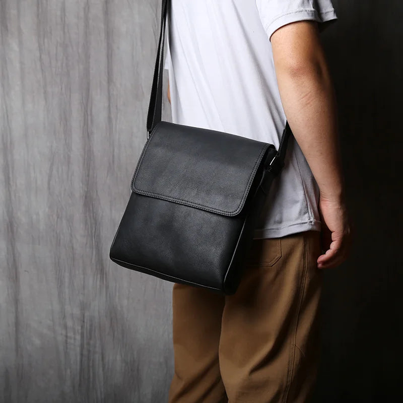 Men's Genuine Leather Shoulder Bag – Natural Cowhide Crossbody, 10" iPad Compatible