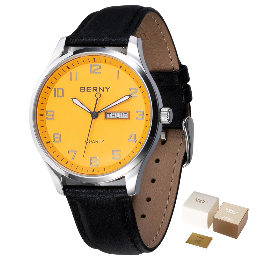 BERNY 2671M Business Dress Watch | Miyota 2105 | Genuine Leather | Day-Date