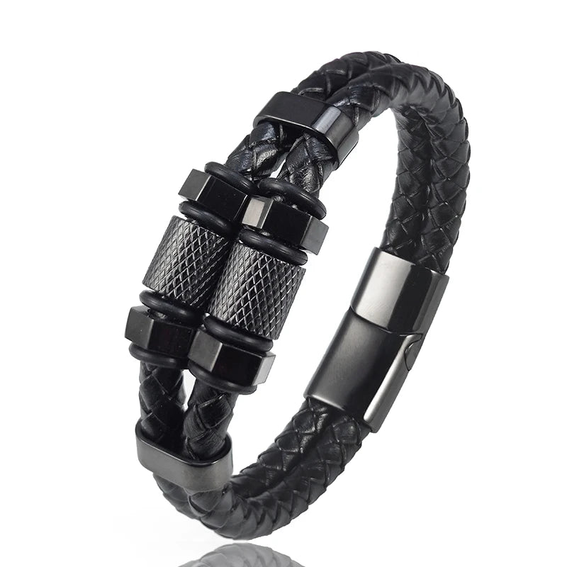 Fashion Luxury Stainless Steel Beaded Hexagon Bracelet Men's Jewelry Classic Multilayer Braided Leather Bracelet Homme Men Gift