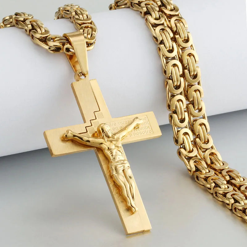 Men's Heavy Crucifix Cross Pendant Necklace – Stainless Steel Byzantine Chain