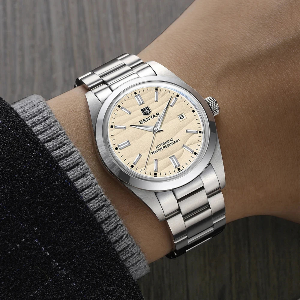BENYAR BY-5208 Automatic Watch – Sand Grain Dial, 40mm Stainless Steel, 50m Water Resistant