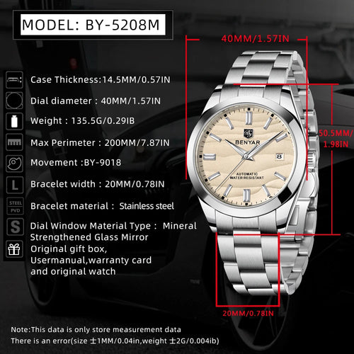 BENYAR BY-5208 Automatic Watch – Sand Grain Dial, 40mm Stainless Steel, 50m Water Resistant
