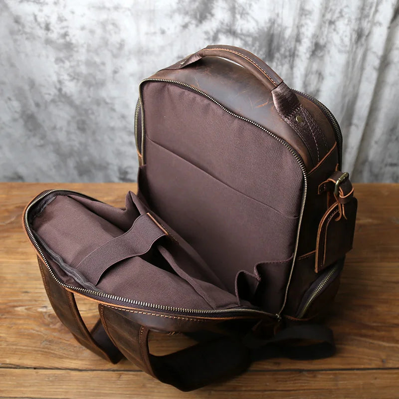 Men's Crazy Horse Leather Backpack – Large Capacity Cowhide, 3 iPad Slots, Travel & Laptop