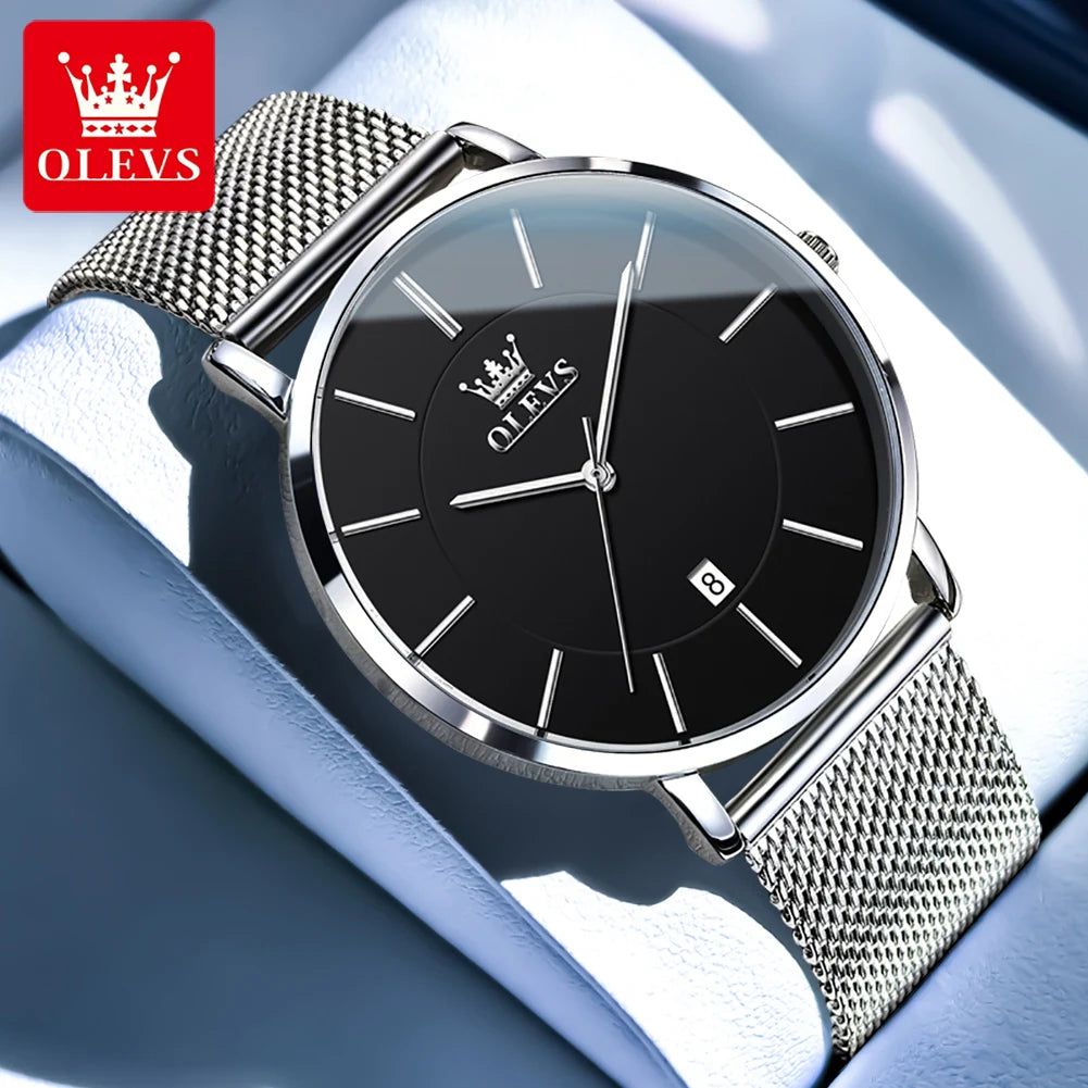 OLEVS Brand 5869 Ultra Thin 6.5mm Minimalist Fashion Quartz Watch for Men Mesh Steel Strap Auto Date Waterproof Men Wristwatches