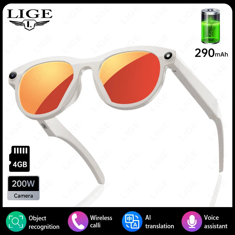 LIGE AI Smart Glasses – Round Frame, LED Flash, AI Translation, Wi-Fi, 2 Lens Pairs