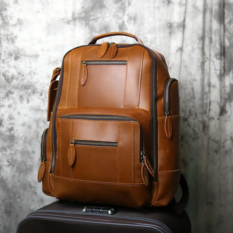 Men's Crazy Horse Leather Backpack – Large Capacity Cowhide, 3 iPad Slots, Travel & Laptop
