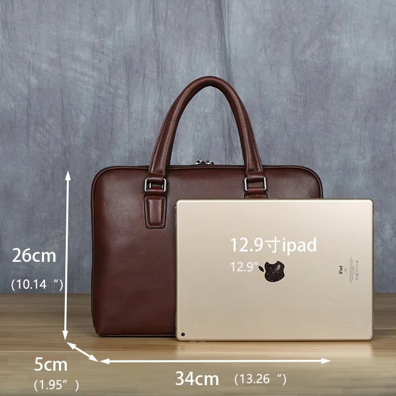 Men's Genuine Leather Briefcase – Slim Vintage Cowhide, Double Zipper, 14" Laptop, 1kg