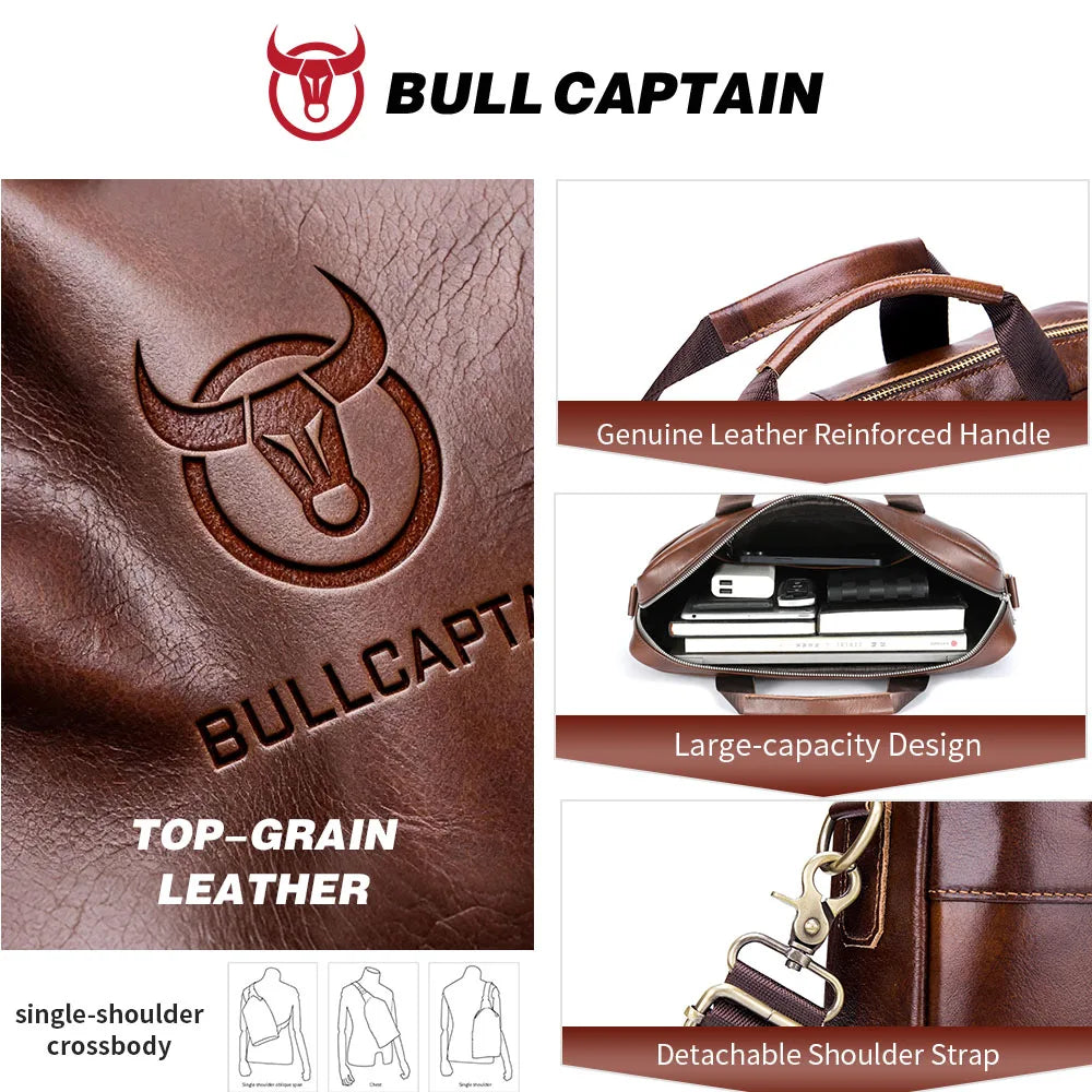 BULLCAPTAIN Genuine Leather Briefcase | 14" Laptop Shoulder & Messenger Bag