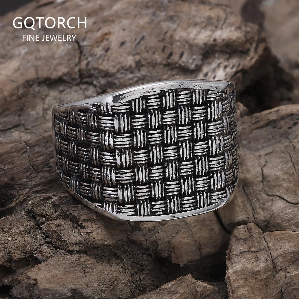 925 Sterling Silver Vintage Braided Square Statement Ring for Men Thai Silver Retro Cool Punk Fashion Jewelry Accessories