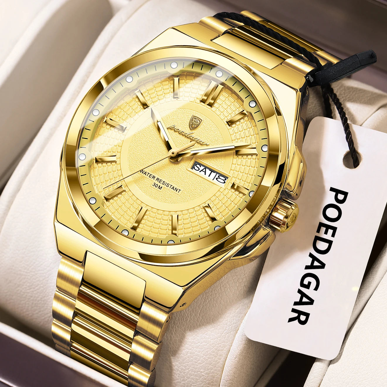 POEDAGAR Sport Original Men Clock Quartz Date Week Luxury Man Wristwatch Waterproof Luminous Stainless Steel Men's Watches Reloj
