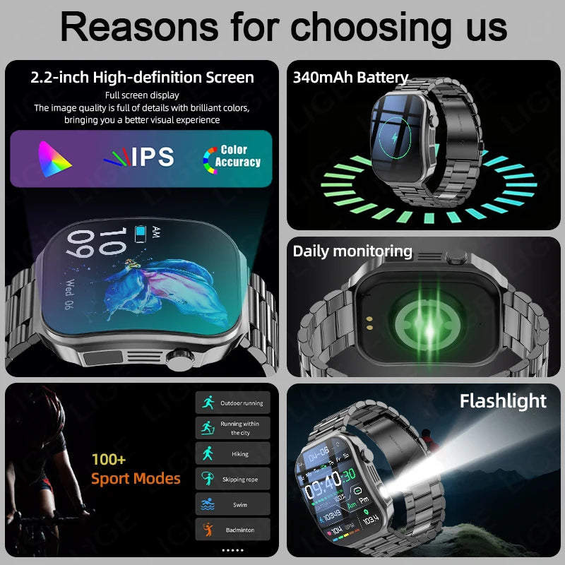 LIGE Smart Watch – 2.2" 3D Curved Display, Body Temp, Bluetooth Calling, IP67