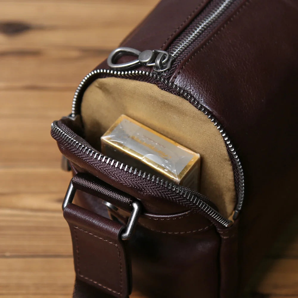Men's Genuine Leather Shoulder Bag – Compact Natural Cowhide Crossbody, 10" iPad
