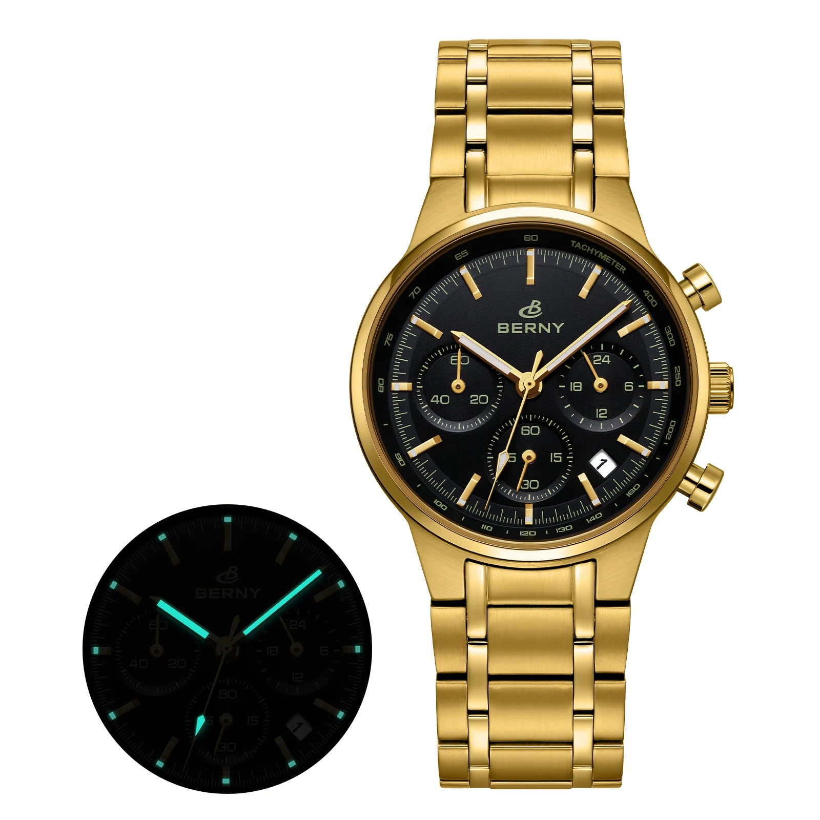 BERNY 2825M Quartz Chronograph Watch – Panda Dial, Sapphire-Coated Crystal, 38mm Stainless Steel