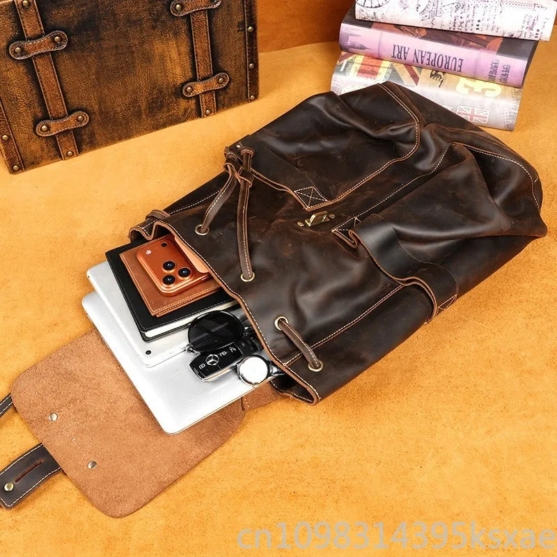 Miflame Vintage Crazy Horse Leather Backpack – Top Grain, Large Capacity, Laptop