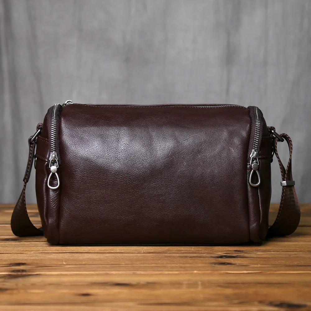 Men's Genuine Leather Shoulder Bag – Compact Natural Cowhide Crossbody, 10" iPad
