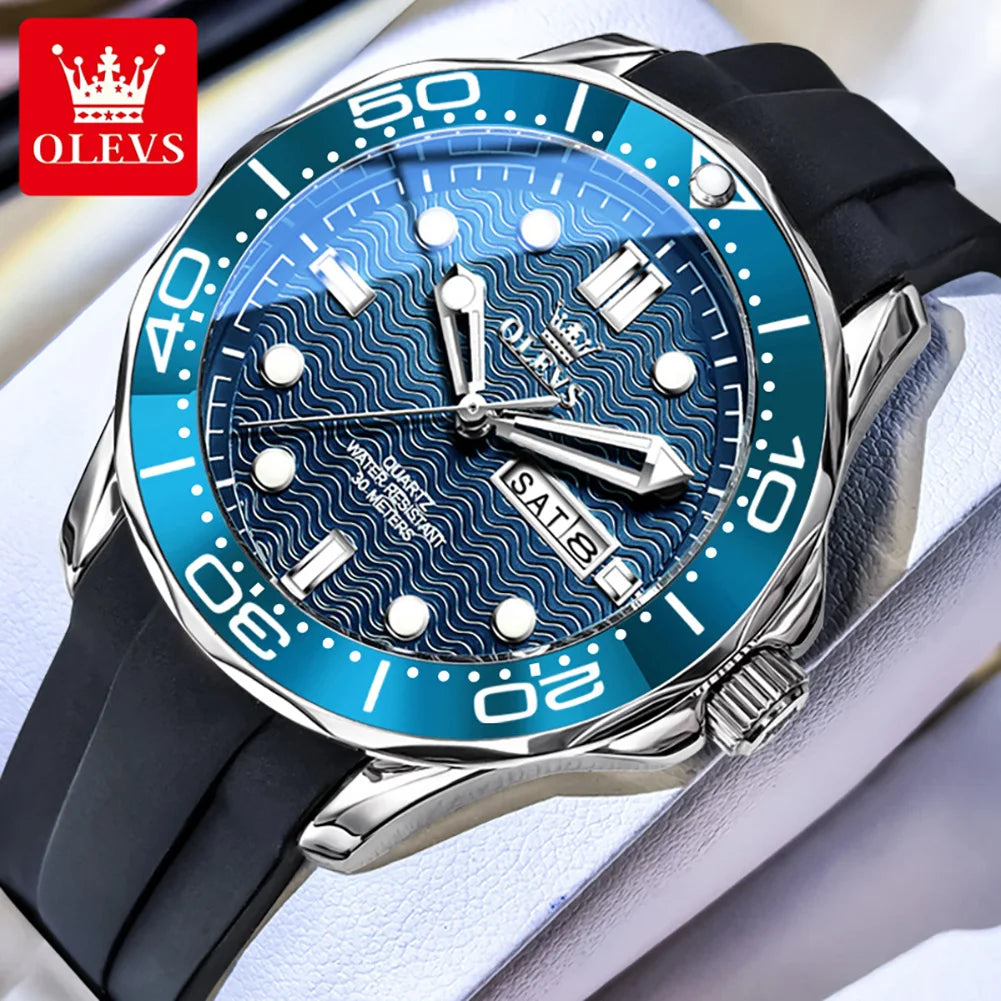 OLEVS Luxury Man Watch Fashion Rotation Bezel Diving Series Original Quartz Wrist Watch for Men Dual Calendar Waterproof Watches