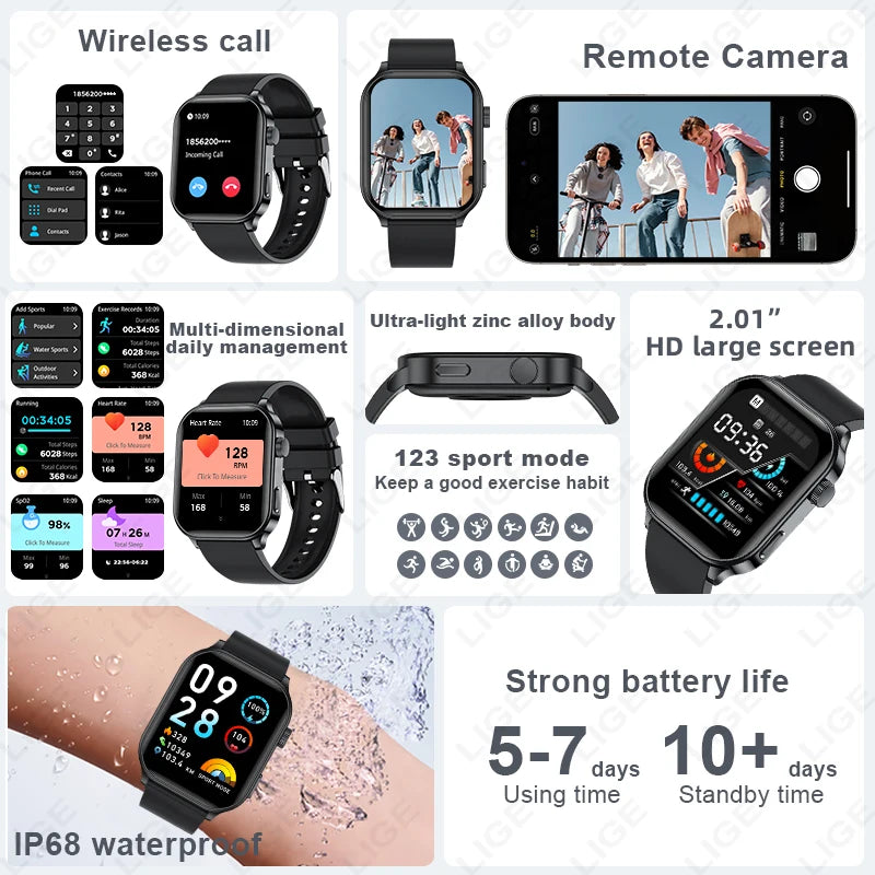 LIGE Smart Watch – 2.01" Display, IP68, Flashlight, 123 Sport Modes, Bluetooth Calling