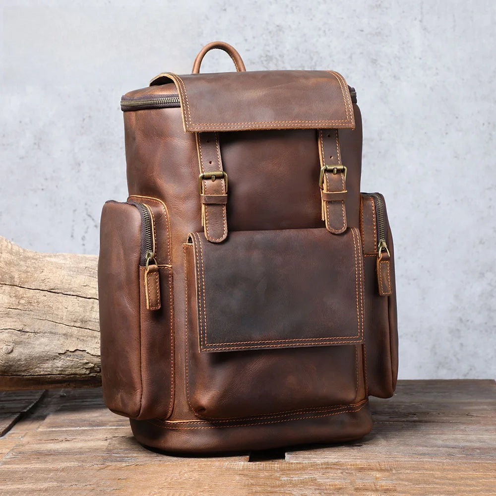 Large Capacity Retro Cowhide Leather Backpack – Men's American Vintage Travel Bag
