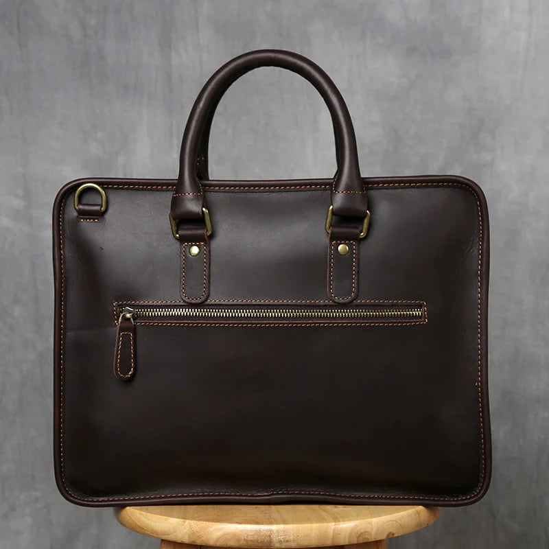Men's Genuine Leather Briefcase – Slim Cowhide, Back iPad Pocket, Alloy Hardware, 14" Laptop