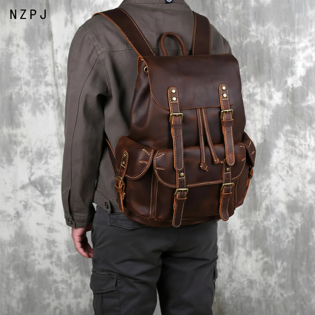 Men's Crazy Horse Leather Backpack – Flap Cover, Magnetic Buckle, Leather-Lined Straps