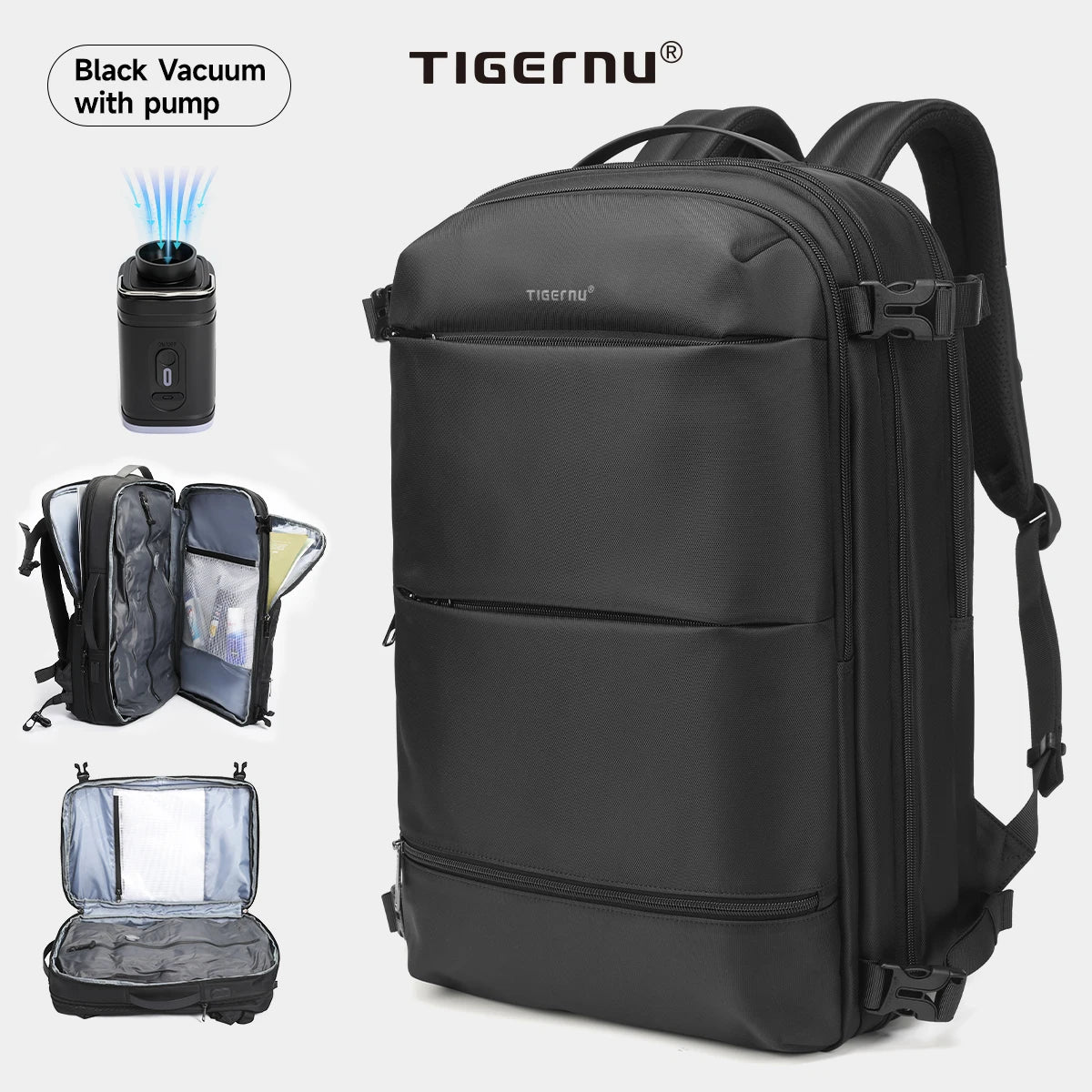Tigernu Vacuum Compression Backpack – Expandable 27–37L, TSA Lock, USB Charging, 17" Laptop