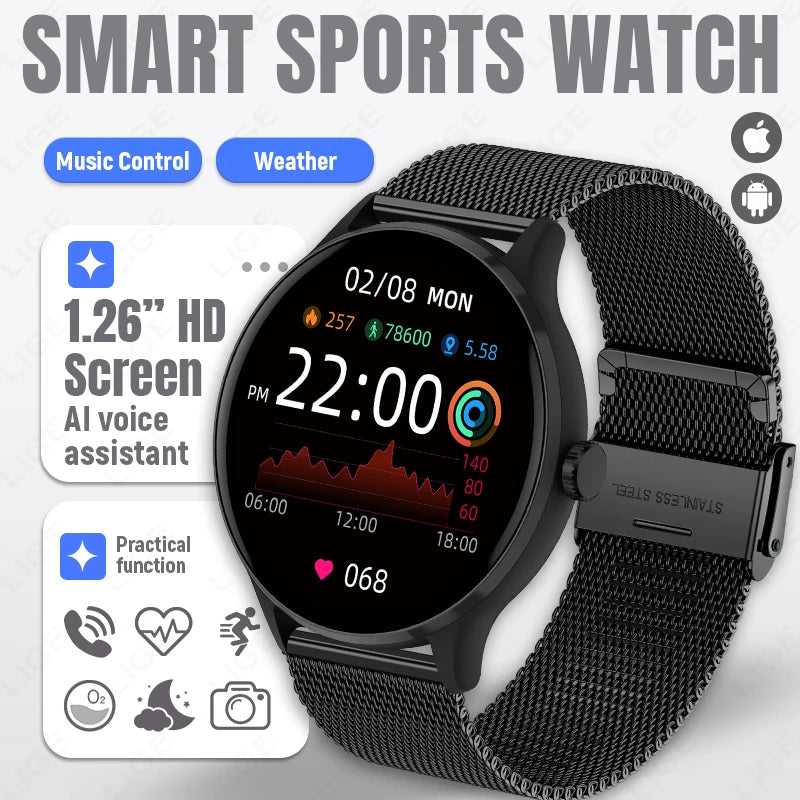 LIGE Smart Watch – 1.28" Round Display, Bluetooth Calling, Voice Assistant, IP67