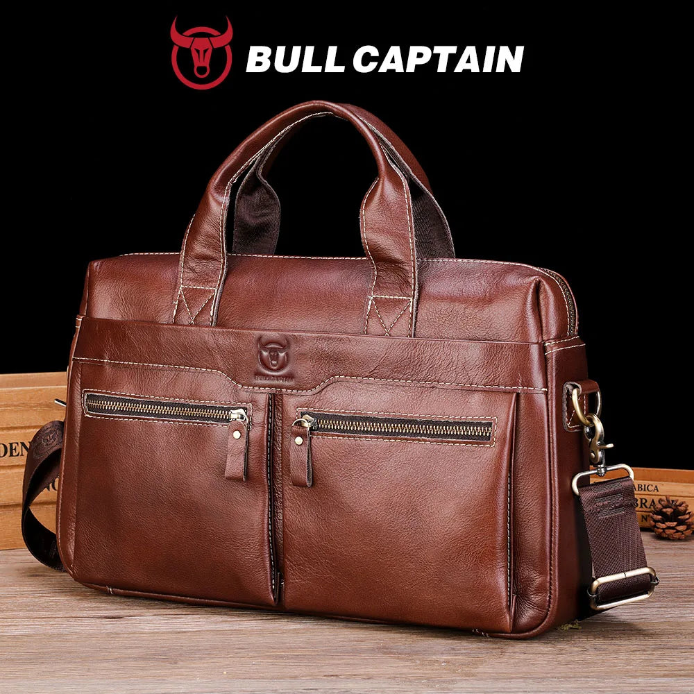 Genuine Leather Briefcase for Men — 14" Laptop Shoulder Bag with Detachable Strap