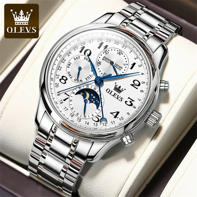 OLEVS Original Automatic Mechanical Watch for Men Leather Strap Moon Phase Waterproof  Week Calendar Business Men's Wristwatches