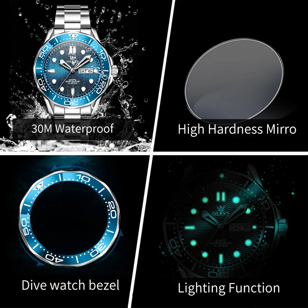 OLEVS Luxury Man Watch Fashion Rotation Bezel Diving Series Original Quartz Wrist Watch for Men Dual Calendar Waterproof Watches