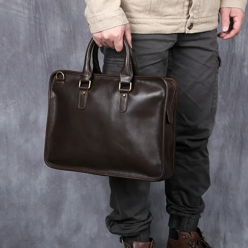 Men's Genuine Leather Briefcase – Slim Cowhide, Back iPad Pocket, Alloy Hardware, 14" Laptop