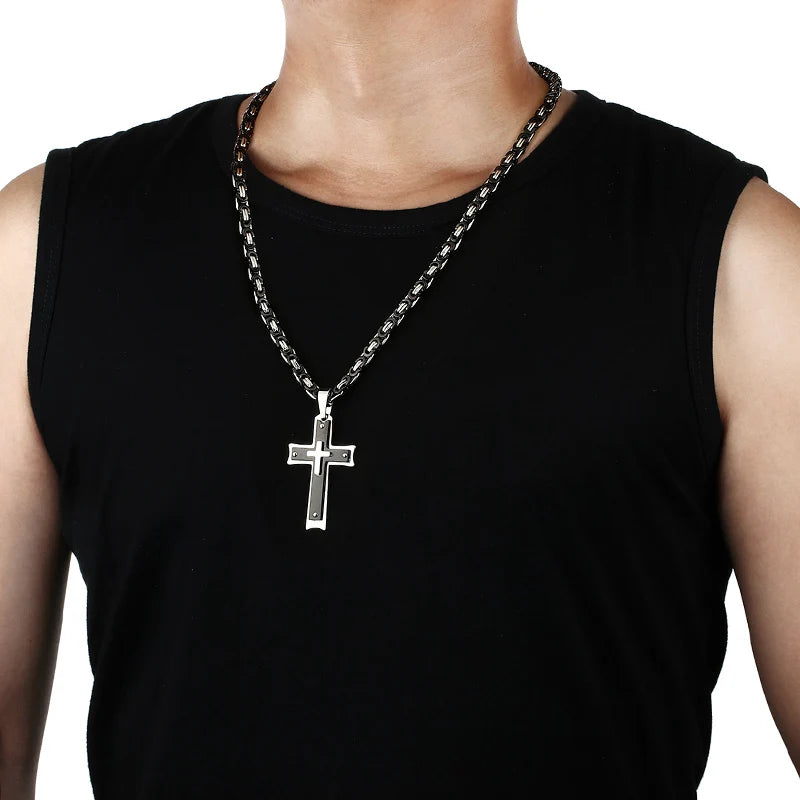 Cool Men's Black silvery Cross Pendant Long Byzantine Chain Necklace Christian Crucifix Necklace Religious Jewelry
