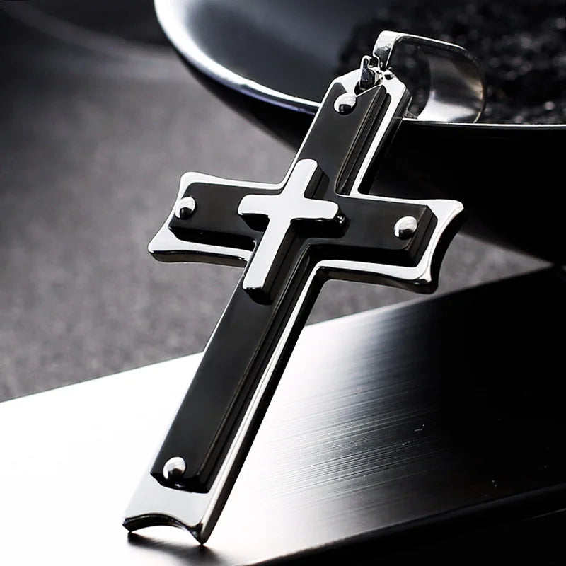 Cool Men's Black silvery Cross Pendant Long Byzantine Chain Necklace Christian Crucifix Necklace Religious Jewelry